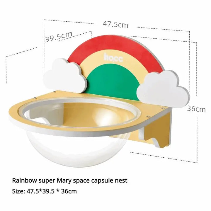 Rainbow-themed cat climbing frame with a transparent space capsule bed for jumping and resting.