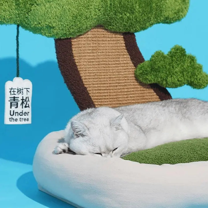 Cozy Pine Bonsai Cat Bed with removable cushion, eco-friendly materials, and multi-functional design for scratching, resting, and playing.