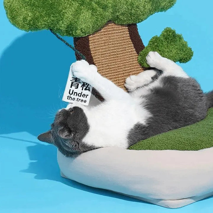 Cozy Pine Bonsai Cat Bed with removable cushion, eco-friendly materials, and multi-functional design for scratching, resting, and playing.