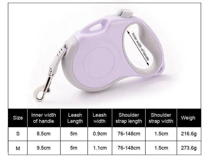 Retractable dog leash with durable build, ergonomic handle, and extra shoulder strap for hands-free control.