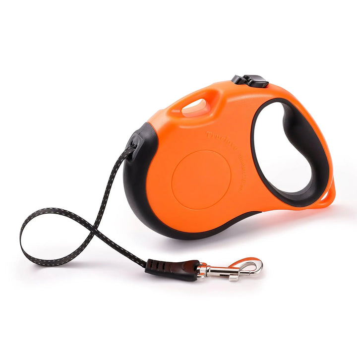 Retractable dog leash with durable build, ergonomic handle, and extra shoulder strap for hands-free control.