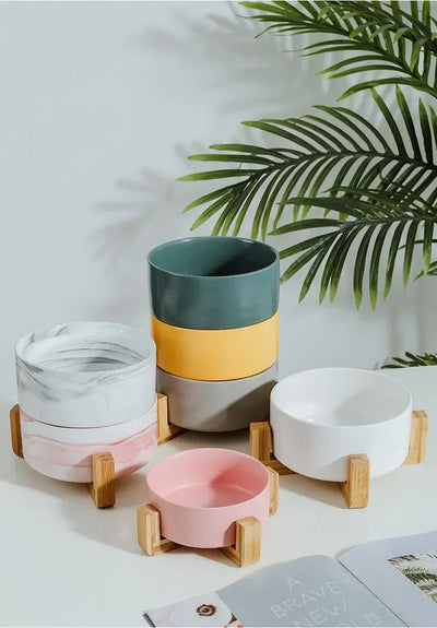 Premium Ceramic Cat Bowl | Wooden Base