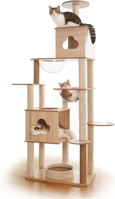 Luxury wooden cat tree tower with acrylic space capsules for big cats