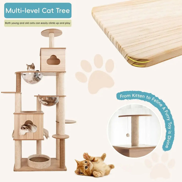 Wooden Cat Tree Tower with Space Capsules - Gabby Whale