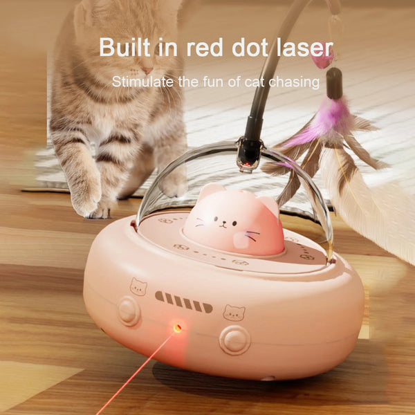 Smart laser cat toy with feather and bell, designed for indoor cats to chase and play