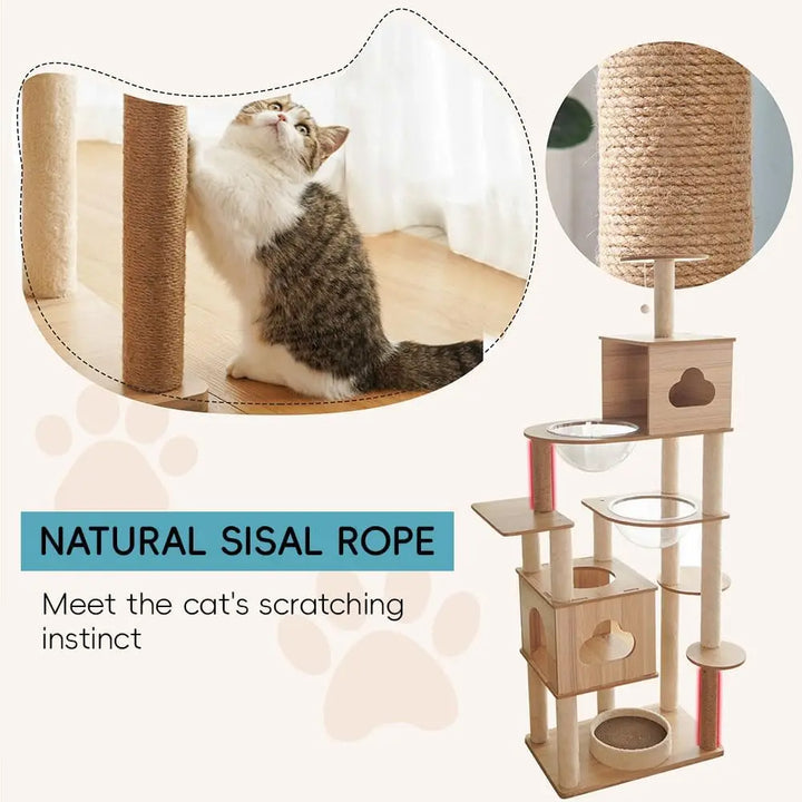 Wooden Cat Tree Tower with Space Capsules - Gabby Whale