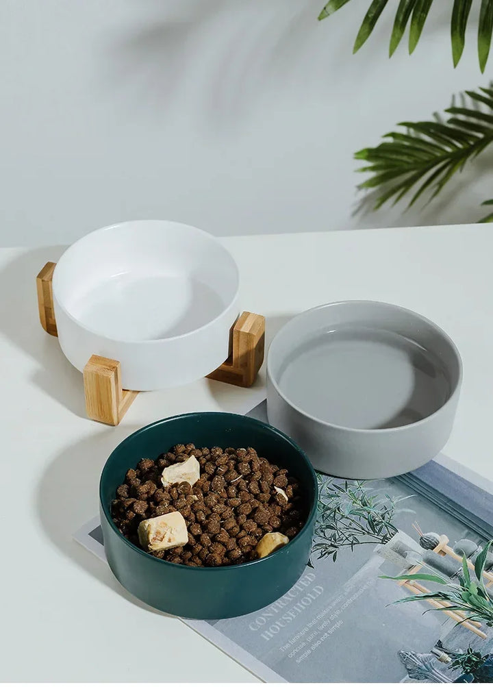 Premium Ceramic Cat Bowl | Wooden Base | Stylish & Functional! - Gabby Whale