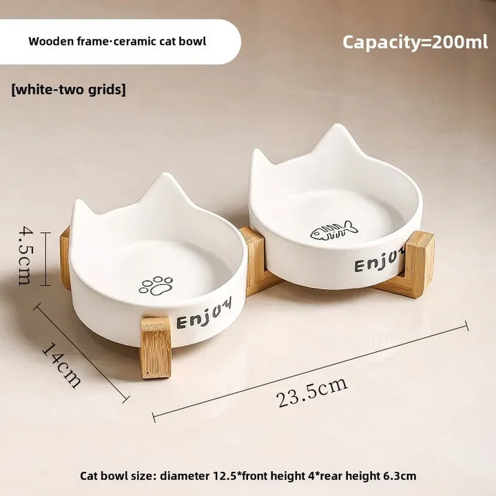 Ceramic Single/Double Cat Bowl |Bamboo Stand |Perfect for Your Furry Friend! - Gabby Whale