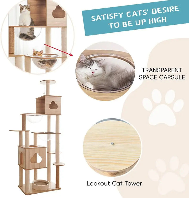 Wooden Cat Tree Tower with Space Capsules - Gabby Whale