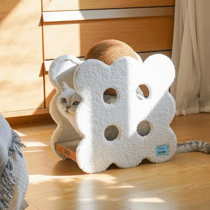 Sandwich Biscuit-shaped cat scratching ball made of plush fabric, hemp rope, and corrugated paper, in caramel and off-white.