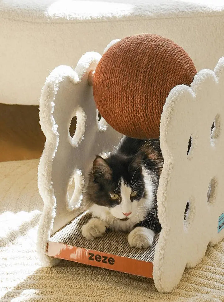 Sandwich Biscuit-shaped cat scratching ball made of plush fabric, hemp rope, and corrugated paper, in caramel and off-white.