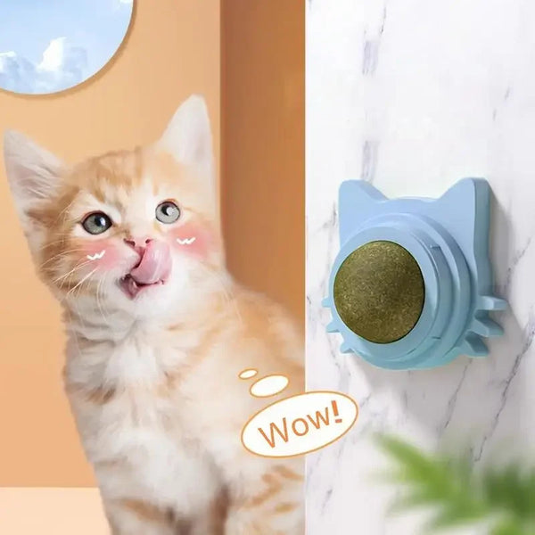Stick-on 360° rotating catnip licking ball for stress relief and dental health in indoor cats