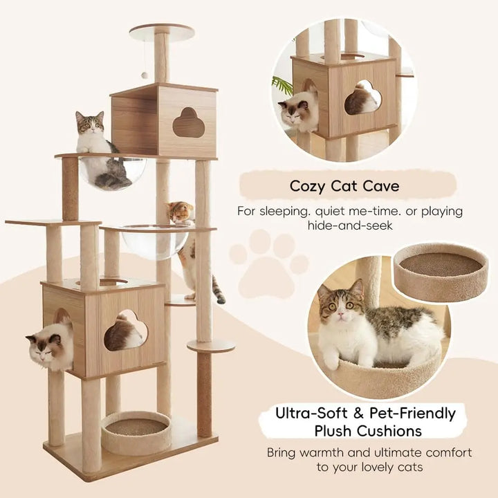 Wooden Cat Tree Tower with Space Capsules - Gabby Whale