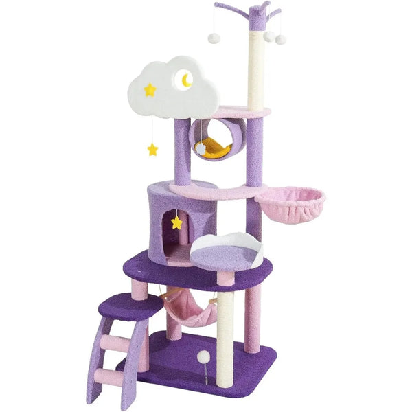 Pastel pink and purple 65-inch cloud cat tree with wide base for large cats