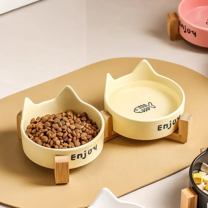 Ceramic Single/Double Cat Bowl |Bamboo Stand |Perfect for Your Furry Friend! - Gabby Whale