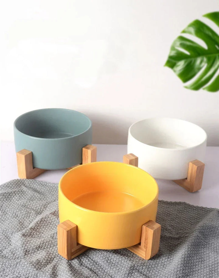 Premium Ceramic Cat Bowl | Wooden Base | Stylish & Functional! - Gabby Whale