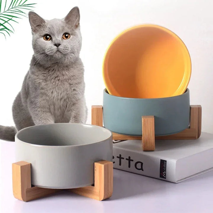 Premium Ceramic Cat Bowl | Wooden Base | Stylish & Functional! - Gabby Whale