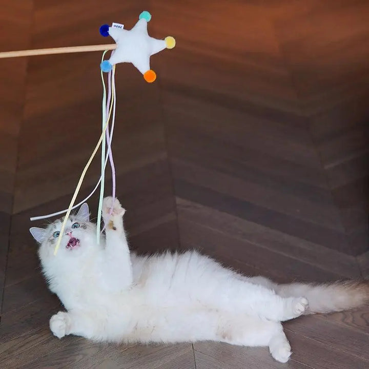 Starry Sky Cat Wand Toy with shimmering ribbons for interactive feline play.