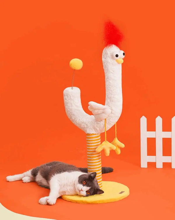 Striped Chicken Scratching Post with durable sisal wrap, playful rooster shape, stable base, and interactive hanging toys for cats.