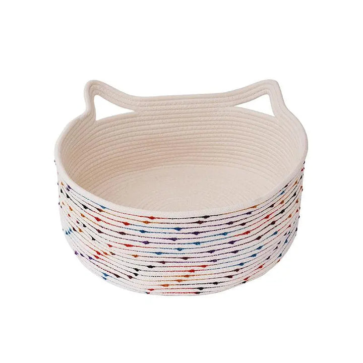 Spacious and comfortable handwoven pet basket with dual handles for portability and easy cleaning.