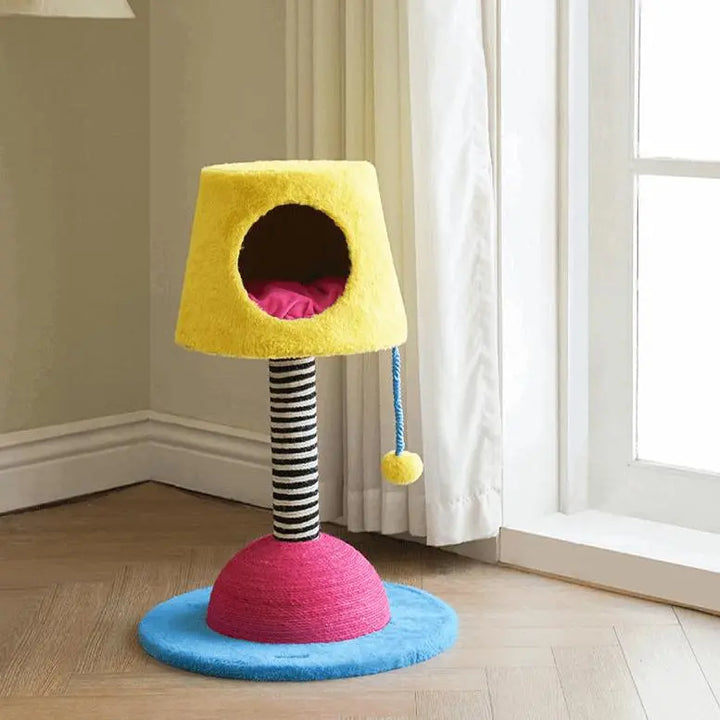 Stylish table lamp-shaped cat condo with scratching post, colorful pendant, and sturdy base, suitable for any home decor.