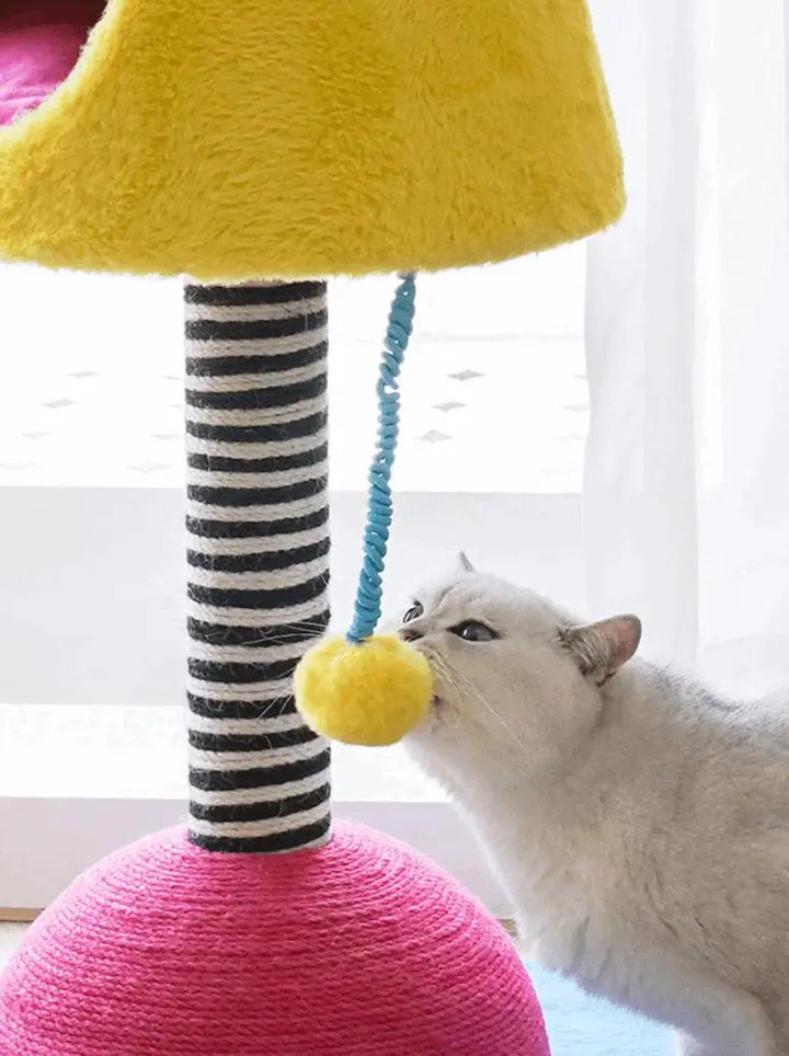 Stylish table lamp-shaped cat condo with scratching post, colorful pendant, and sturdy base, suitable for any home decor.