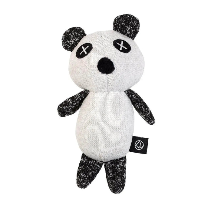 A plush toy designed for dogs, featuring a black and white panda shape with distinctive X-shaped eyes. Made from soft, knitted fabric, the toy is lightweight and cuddly, suitable for small to medium-sized dogs. It has a squeaker embedded inside for interactive play and is crafted with pet-safe materials for durability and comfort. The toy's design is both visually appealing and functional, promoting dental health and reducing anxiety through engaging play.