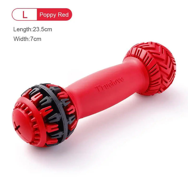 Durable treat dispenser dog toy made from natural rubber, designed to engage dogs with interactive play and mental stimulation.