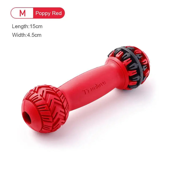 Durable treat dispenser dog toy made from natural rubber, designed to engage dogs with interactive play and mental stimulation.