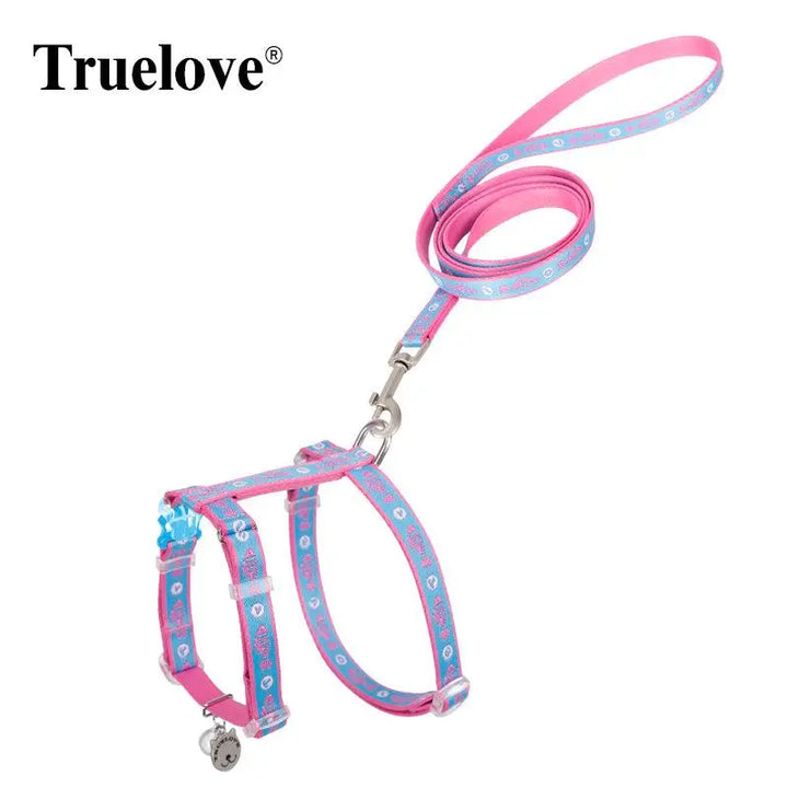 Truelove Cat Harness and Leash Set in vibrant colors with soft pattern webbing, adjustable zinc alloy buckle, and decorative bell, designed for secure and comfortable outdoor adventures.