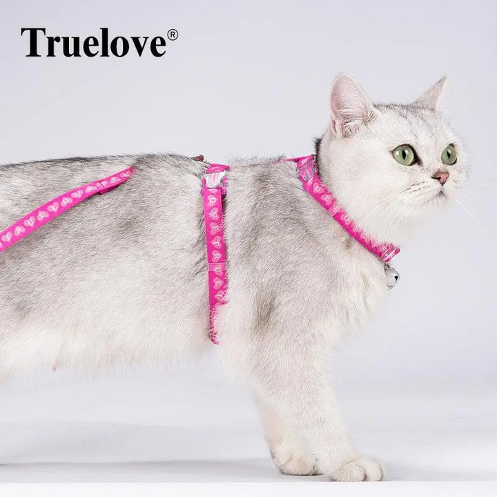 Truelove Cat Harness and Leash Set in vibrant colors with soft pattern webbing, adjustable zinc alloy buckle, and decorative bell, designed for secure and comfortable outdoor adventures.