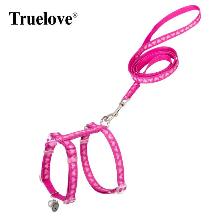 Truelove Cat Harness and Leash Set in vibrant colors with soft pattern webbing, adjustable zinc alloy buckle, and decorative bell, designed for secure and comfortable outdoor adventures.