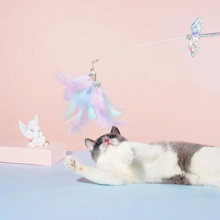 Unicorn fairy cat wand toy with pastel feathers and bell for interactive play