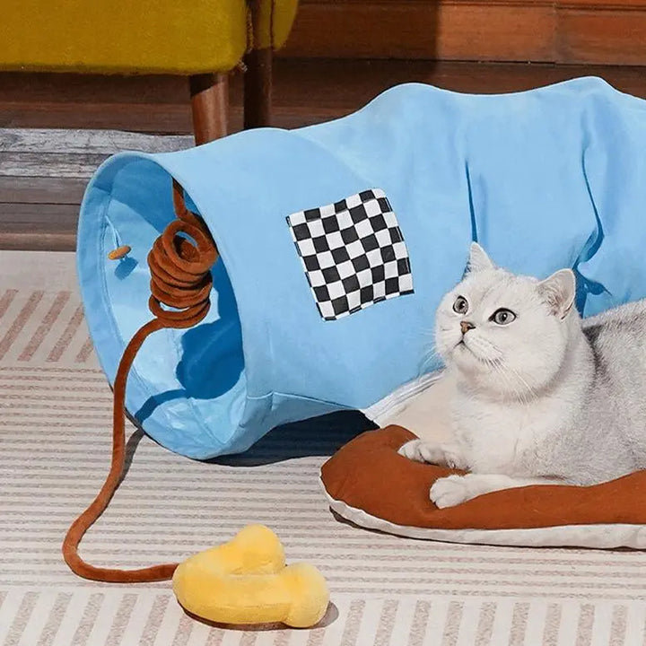 Vintage telephone-shaped cat tunnel bed with playful hanging ball and plush cushion