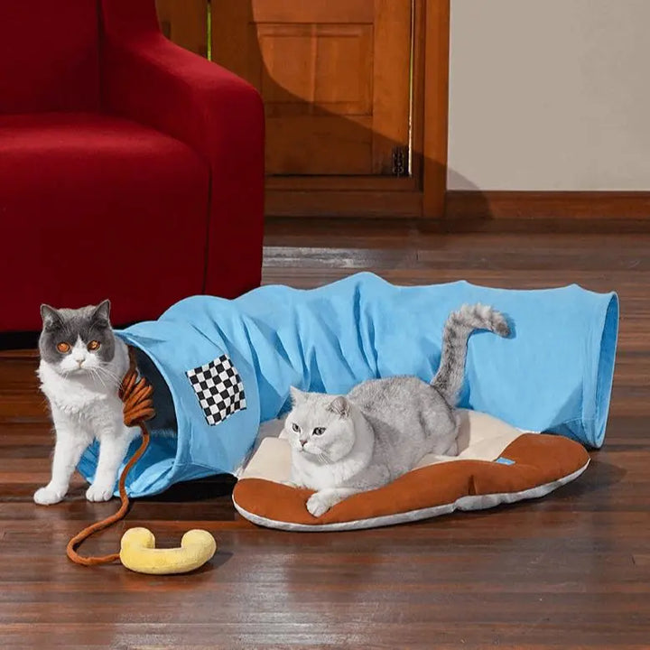 "Retro pet tunnel bed for cats and small dogs, stylish and comfortable"