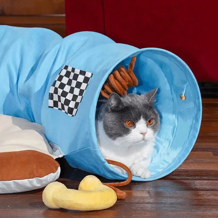 "Vintage telephone-shaped cat tunnel bed with playful hanging ball and plush cushion"