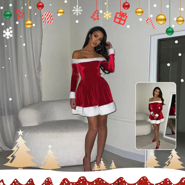 Women's Christmas Costume Santa Dress Plush Trim Boat-Neck Off-Shoulder Sleeve Dress New Year Party Cosplay Costume Gabby Whale