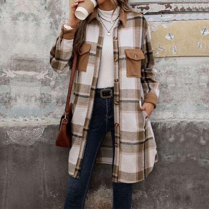 New Brushed Plaid Long Coat With Pockets Fashion Winter Jacket Outwear Women's Clothing Gabby Whale