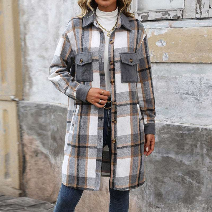 New Brushed Plaid Long Coat With Pockets Fashion Winter Jacket Outwear Women's Clothing Gabby Whale