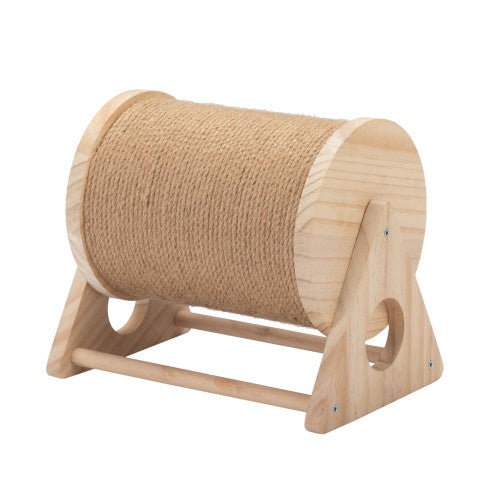 Minimalist wooden cat scratcher with 360-degree spinning base and jute rope, perfect for indoor use
