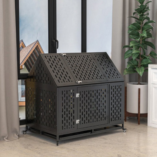 Heavy Duty Dog Crate 45 Inch Indestructible Pet Dog Cage Crate Kennel With Roof Top 2 Doors Removable Trays Gabby Whale