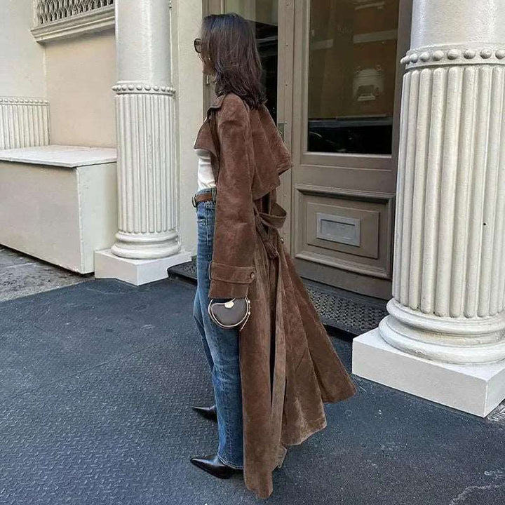 Double Breasted Lapel Shift Coat With Belt Fashion Vintage Suede Long Coat Winter Outwear Women's Clothing - Gabby Whale