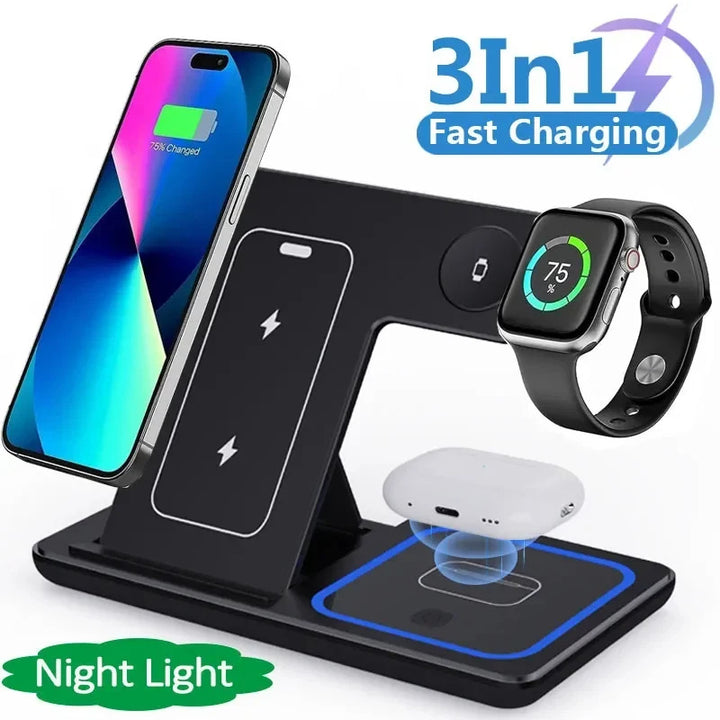 15W 3 In 1 LED Fast Wireless Charger Stand Foldable Charging Station For Smart Phone 15 14 13 12 11 IWatch 9 8 7 6 5 Airpods Pro - Gabby Whale