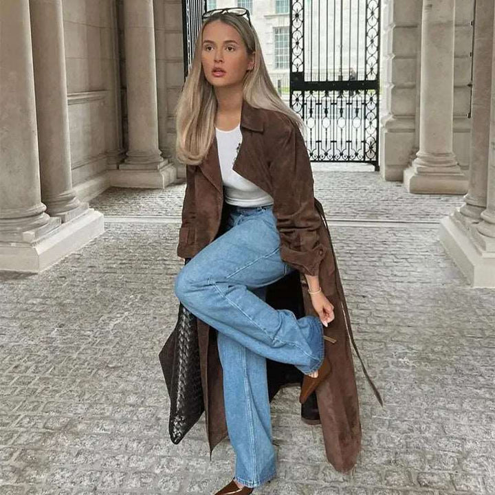 Double Breasted Lapel Shift Coat With Belt Fashion Vintage Suede Long Coat Winter Outwear Women's Clothing - Gabby Whale