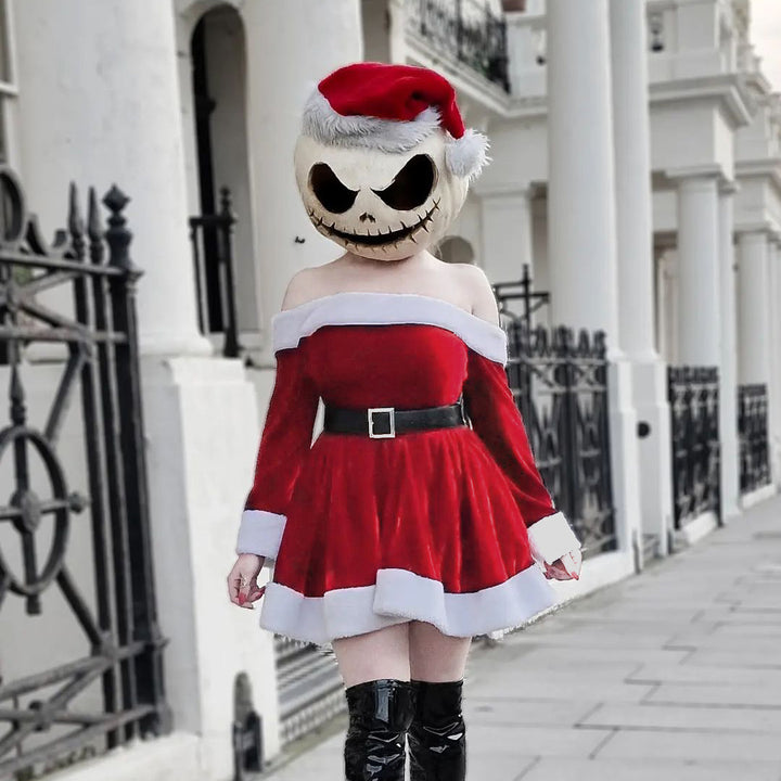 Women's Christmas Costume Santa Dress Plush Trim Boat-Neck Off-Shoulder Sleeve Dress New Year Party Cosplay Costume Gabby Whale